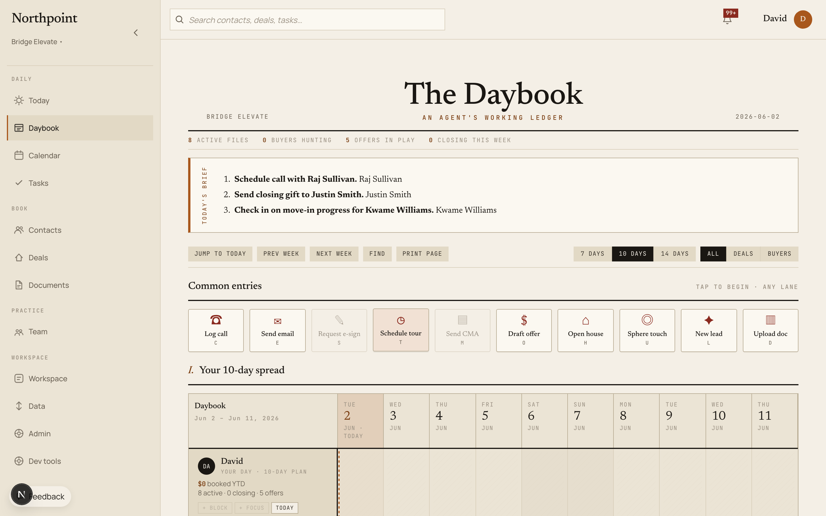 The Daybook screen, an agent's working ledger