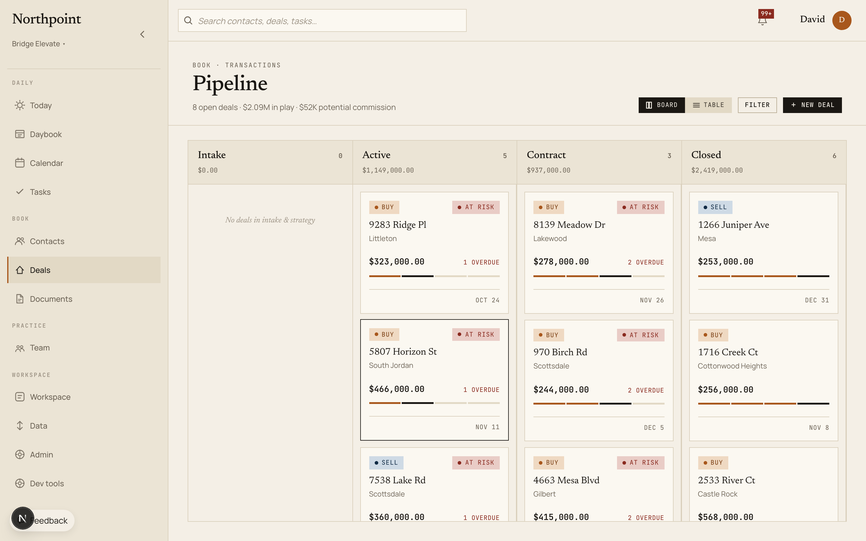 The Pipeline (Deals) board view in Northpoint