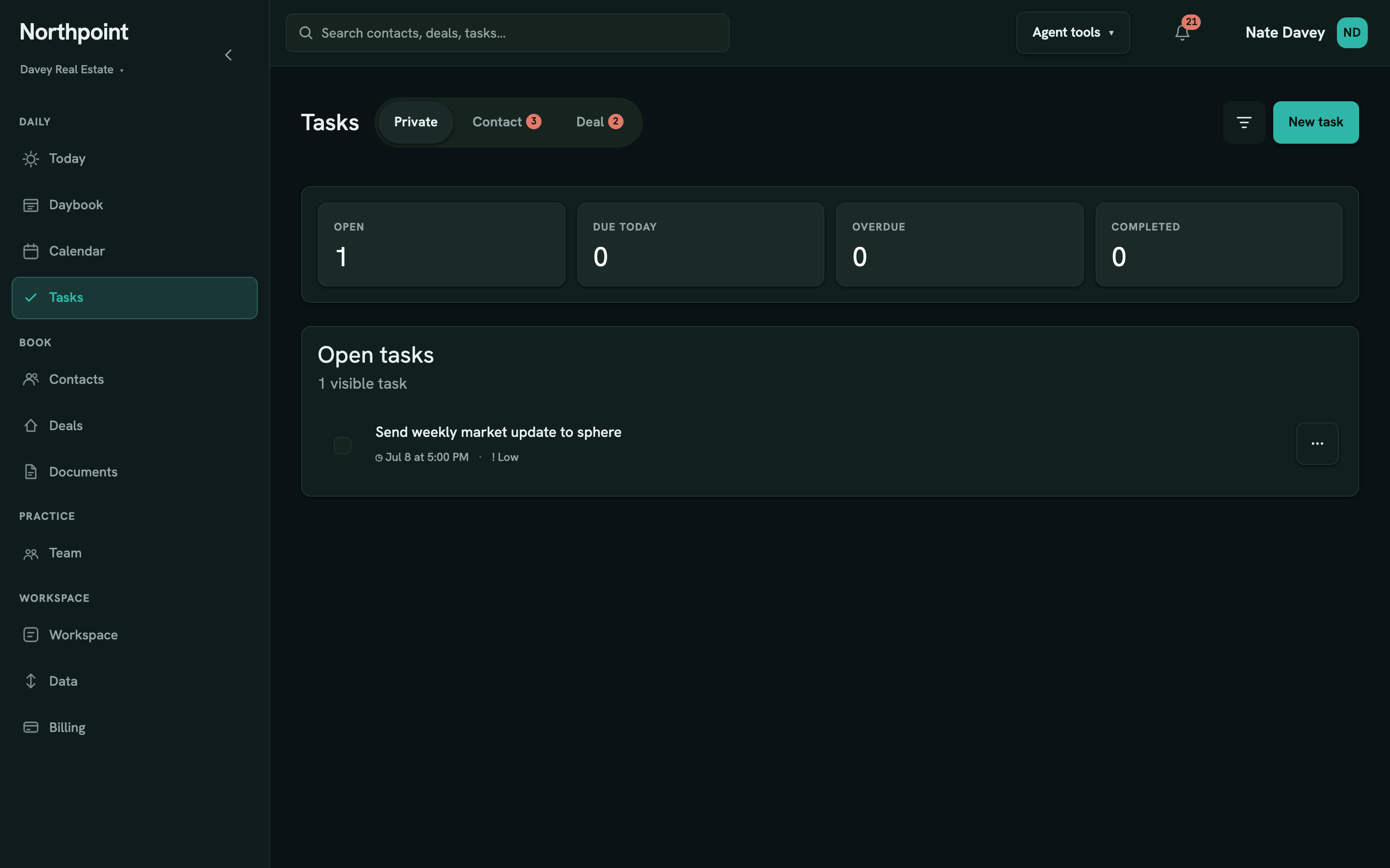 Tasks list with priority and due dates