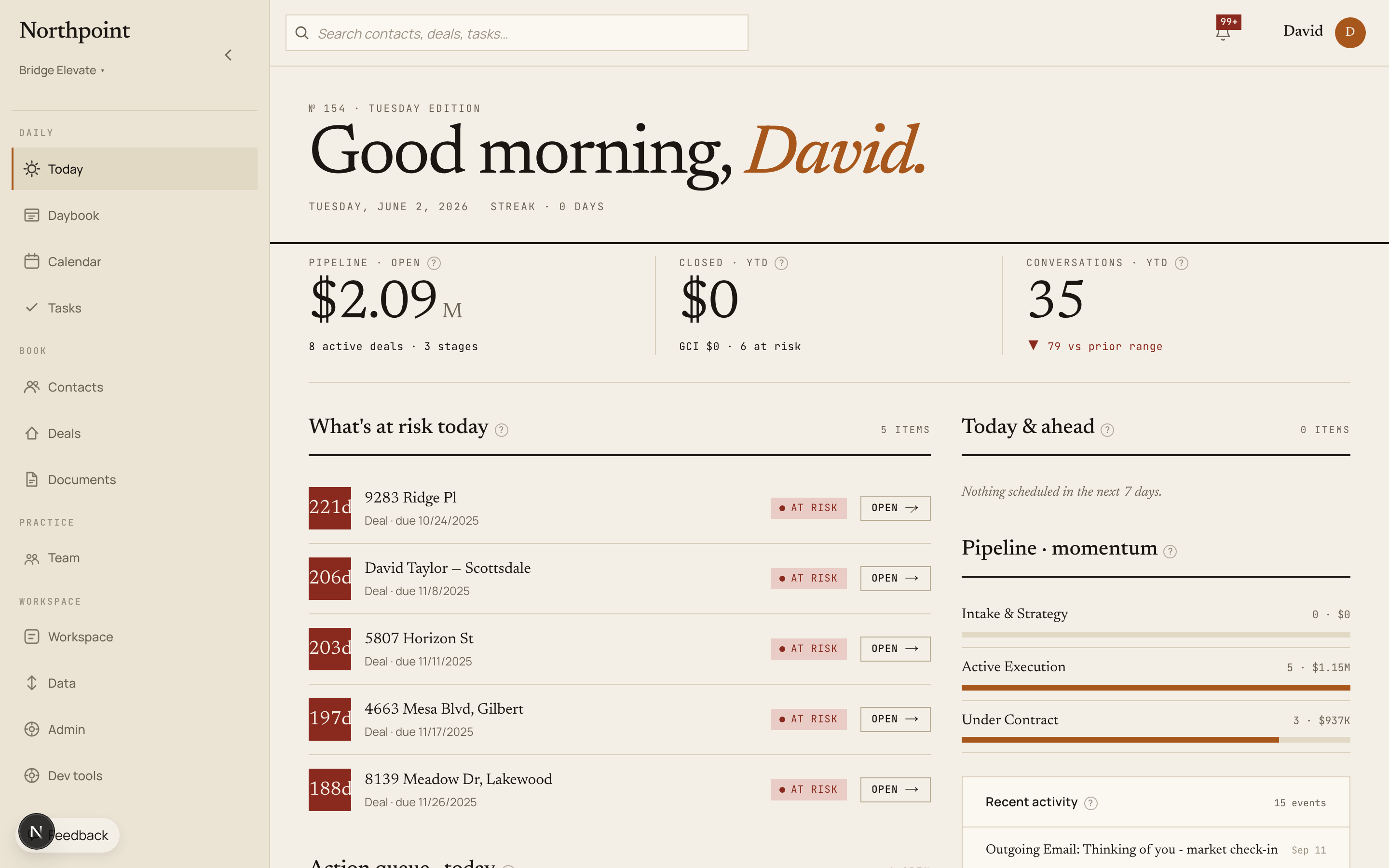 The Today screen in Northpoint, showing pipeline value, at-risk deals, and the day's action queue